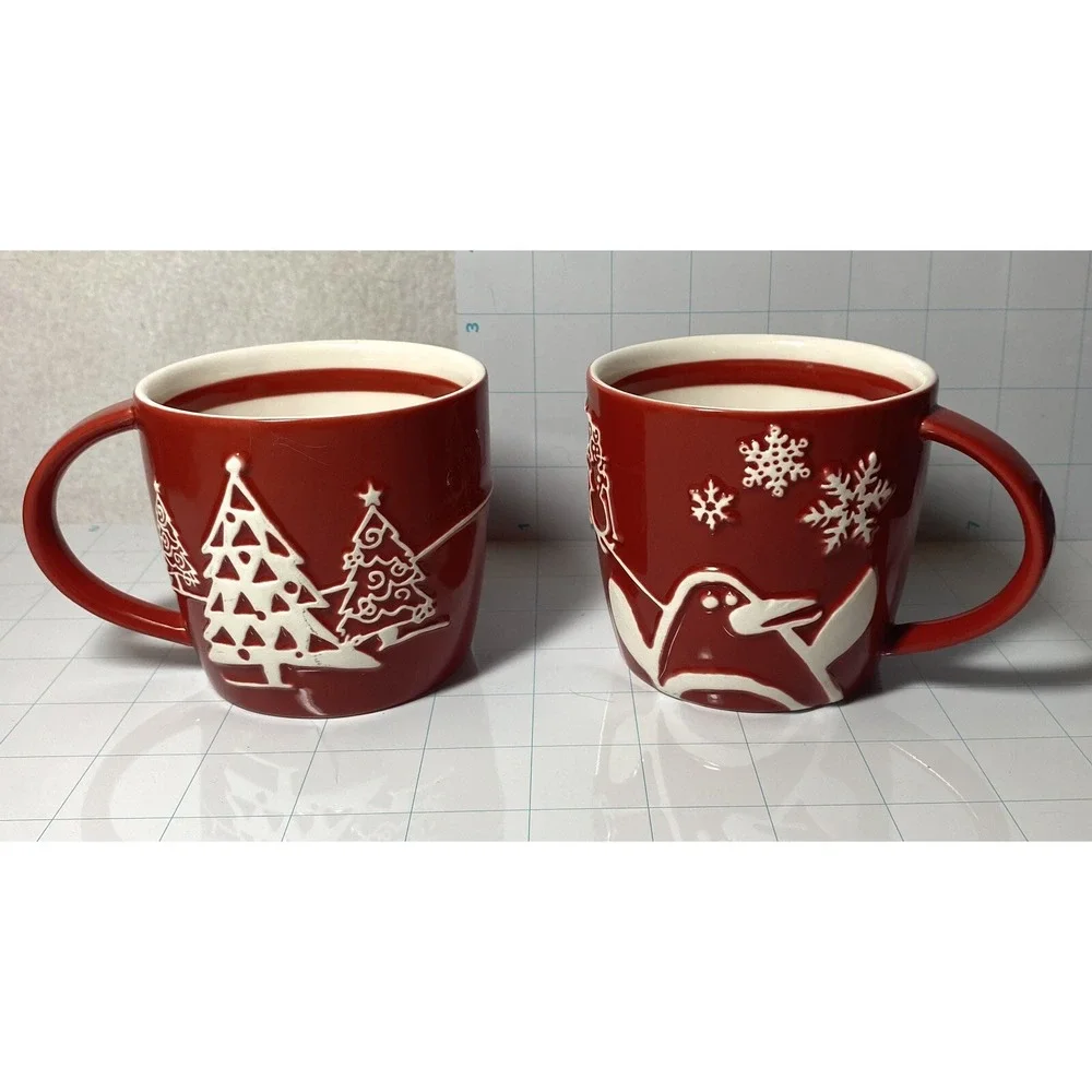 2 Starbucks Coffee Cups Mugs Penguin Tree 2007 Snow Winter Christmas Red White